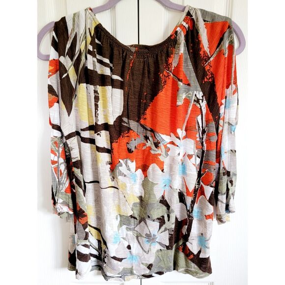 Chico's 1 Womens Large Floral Neutral Colors 3/4 Sleeve Top Blouse Round Neck M‎ - Picture 2 of 8